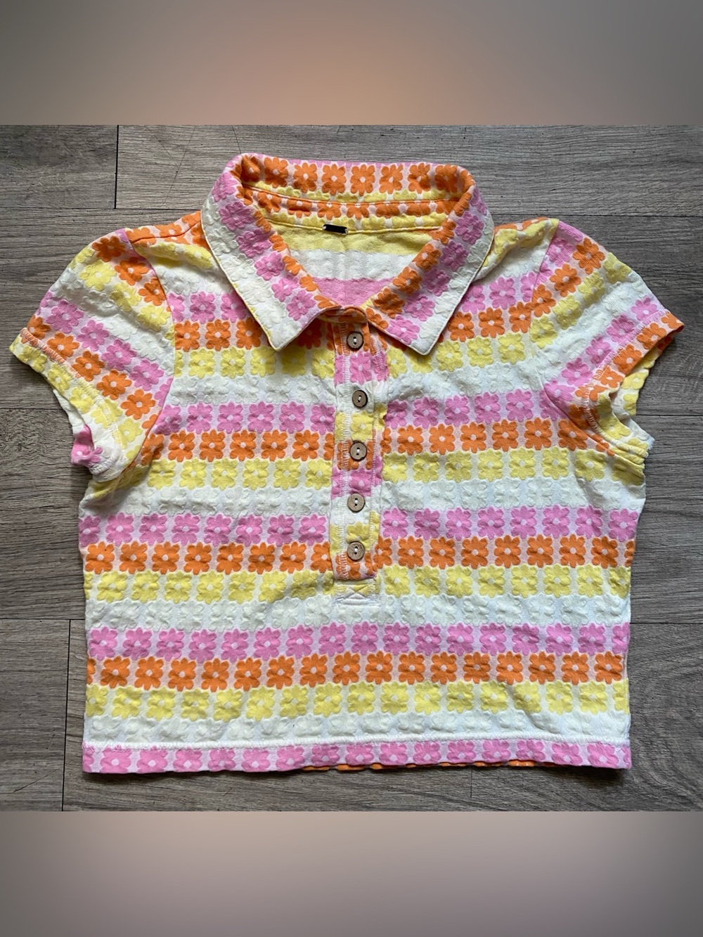 Free People Babe Town Floral Stripe Polo Crop Top - Pink, Orange, Yellow